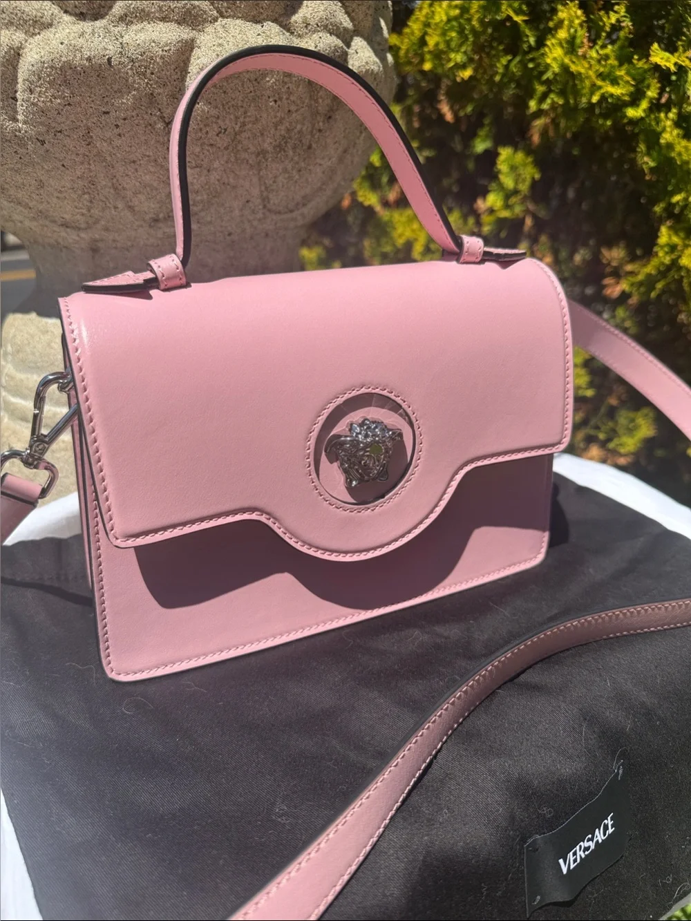 Versace Pink Leather Top-Handle Satchel with Silver Medusa, Calfskin Leather .Sm - Picture 7 of 12